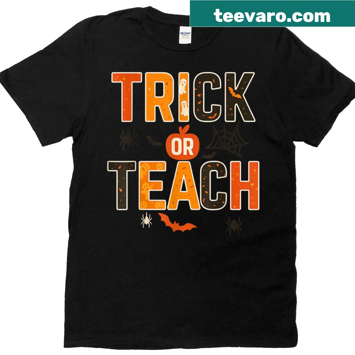 Funny Halloween T-shirt for teachers with the phrase 'Trick Or Teach' in cartoon design — on a men's t-shirt