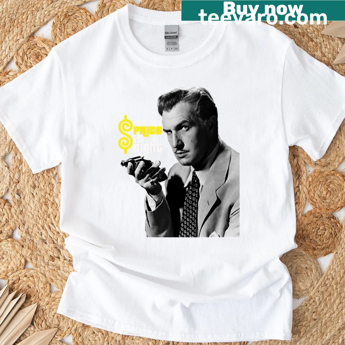Nostalgic t-shirt honoring Vincent Price with a clever phrase — on a men's t-shirt