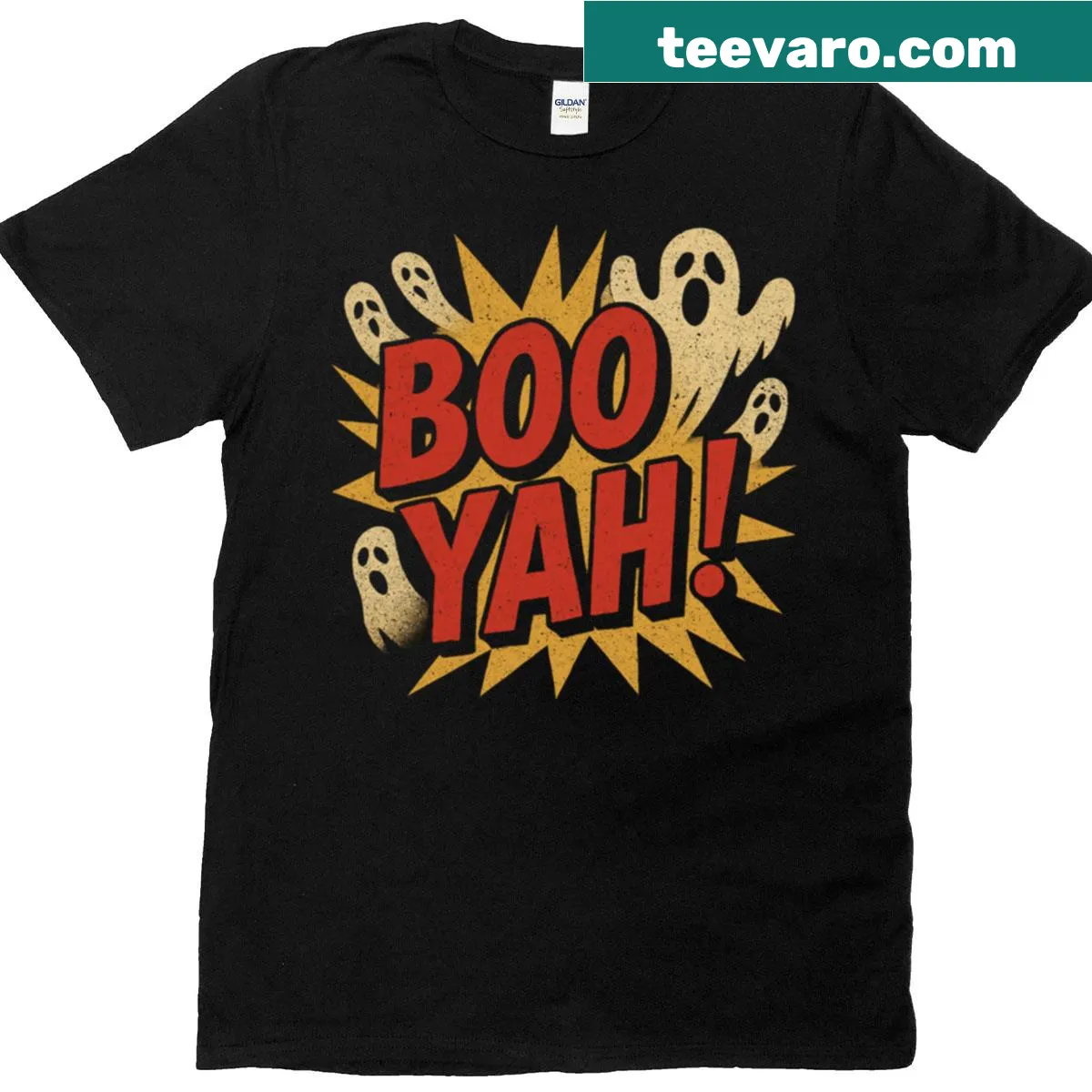 Vintage Halloween T-shirt with a ghost and Boo Yah design — on a men's t-shirt