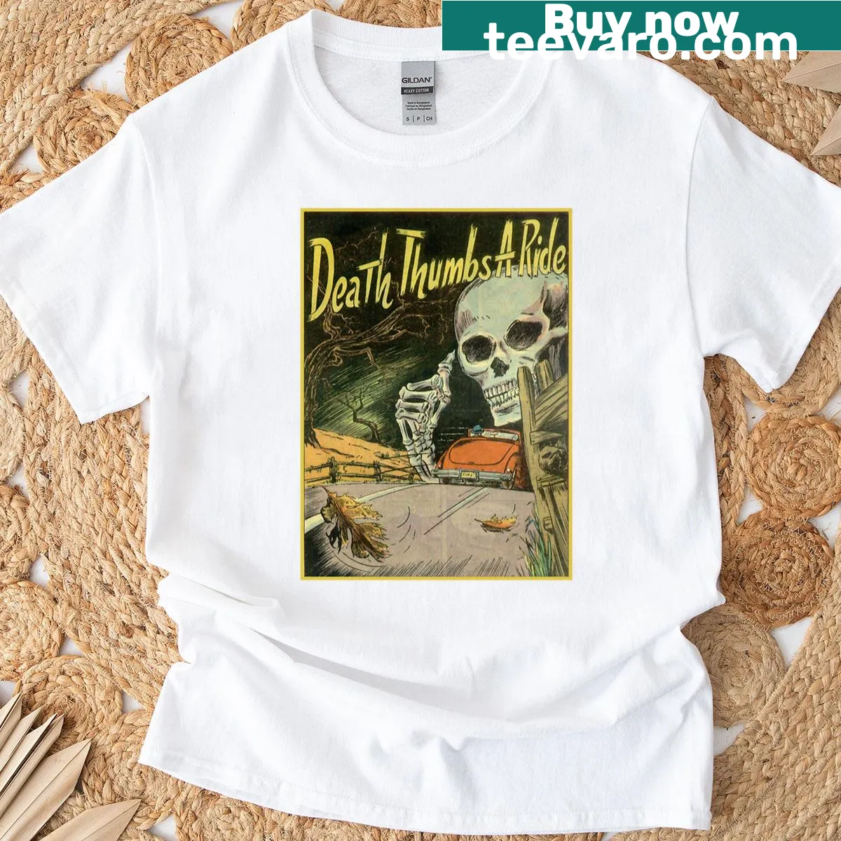 Retro Halloween poster design with Death Thumbs Ride theme — on a men's t-shirt