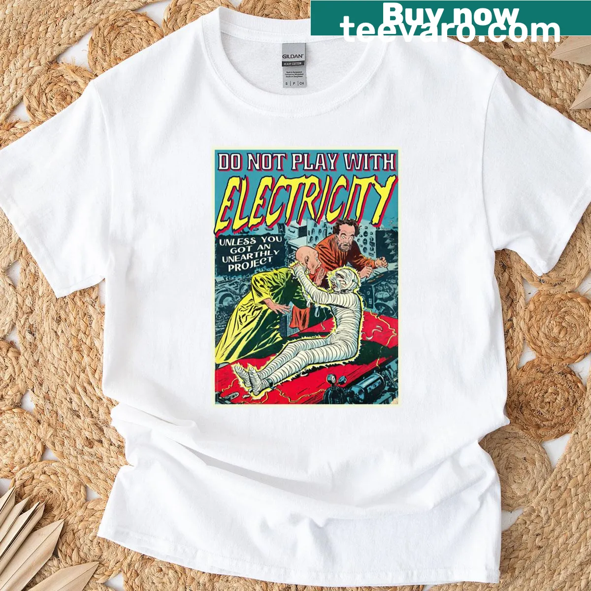 Vintage mummy graphic t-shirt inspired by retro horror posters — on a men's t-shirt