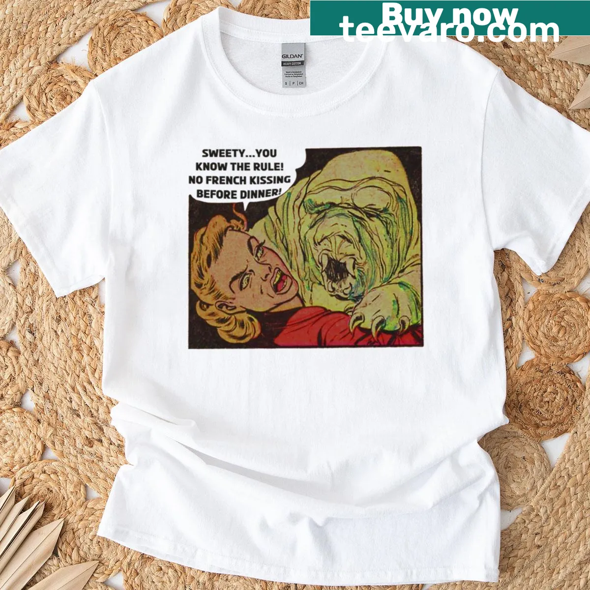 Vintage horror-style tardigrade monster graphic t-shirt — on a men's t-shirt