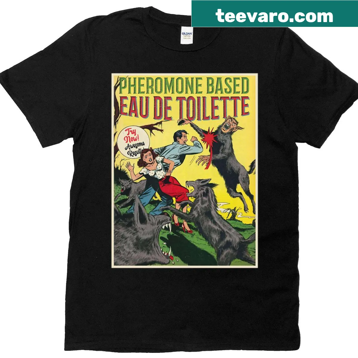 Vintage horror poster-inspired wolf graphic t-shirt — on a men's t-shirt