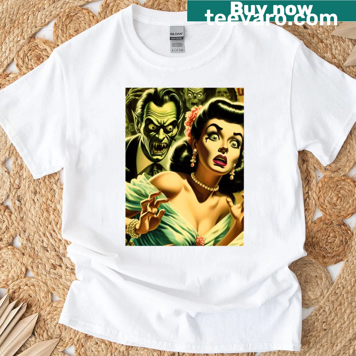 T-shirt featuring vintage horror illustration — on a men's t-shirt