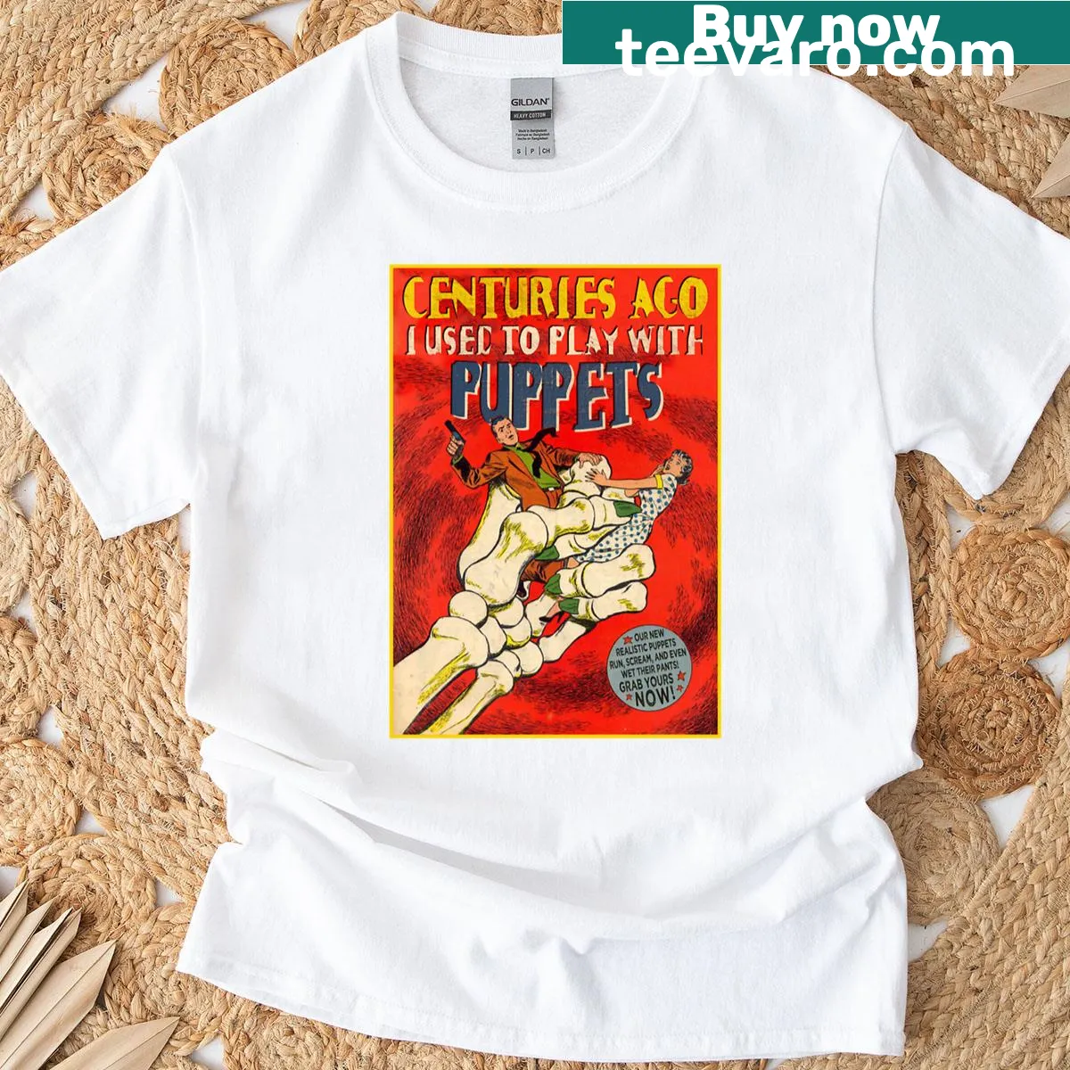 Vintage horror-themed T-shirt featuring a skeleton puppet player in retro style — on a men's t-shirt
