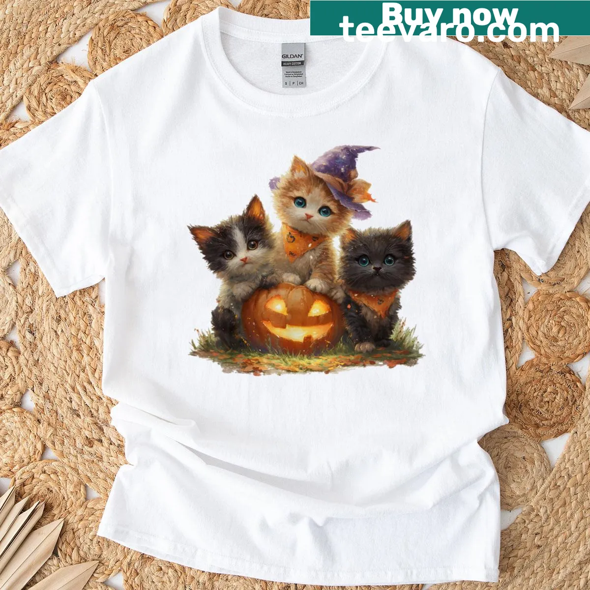 Vintage-style Halloween tee with kittens and pumpkins graphic — on a men's t-shirt