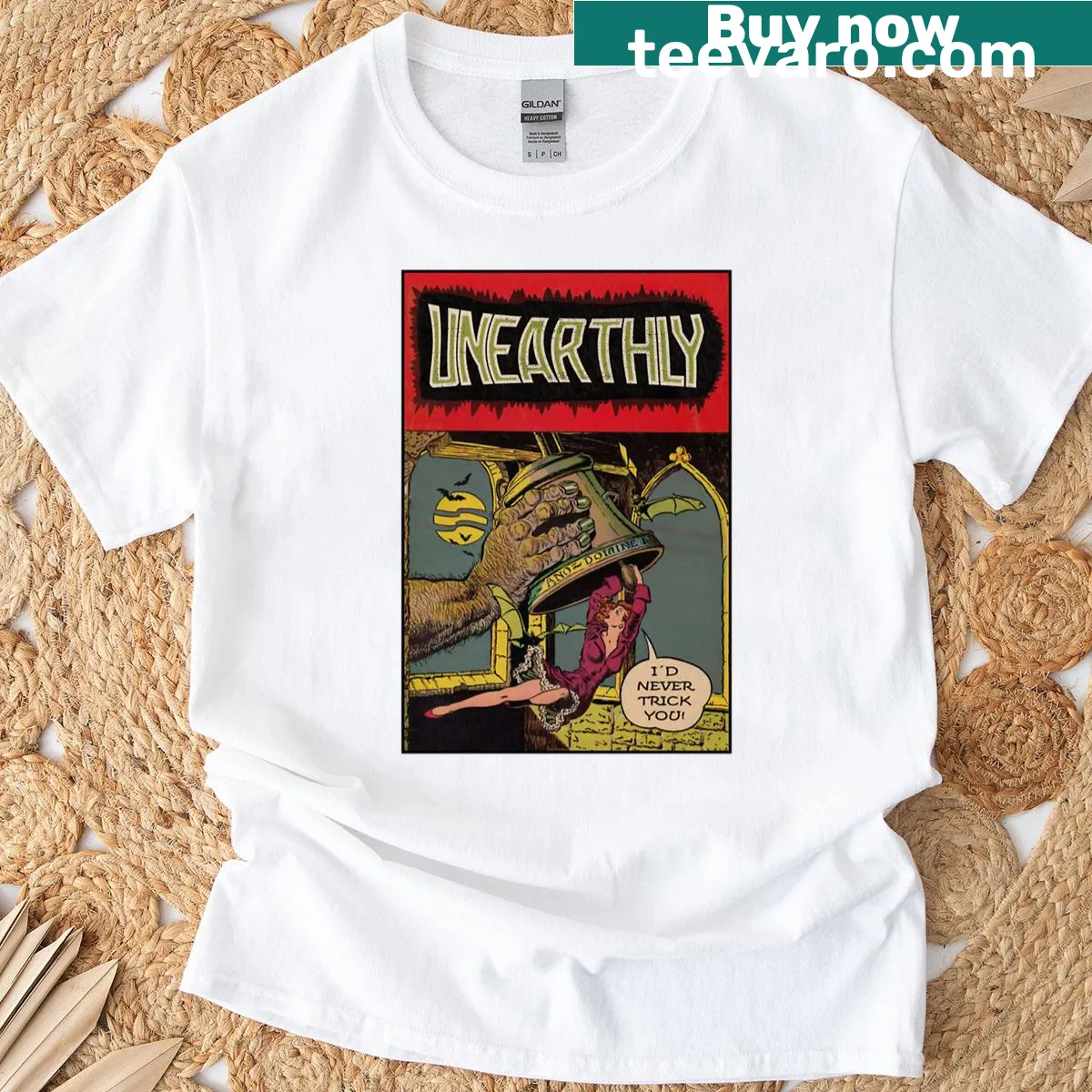 Vintage Halloween poster with church bell graphic — on a men's t-shirt