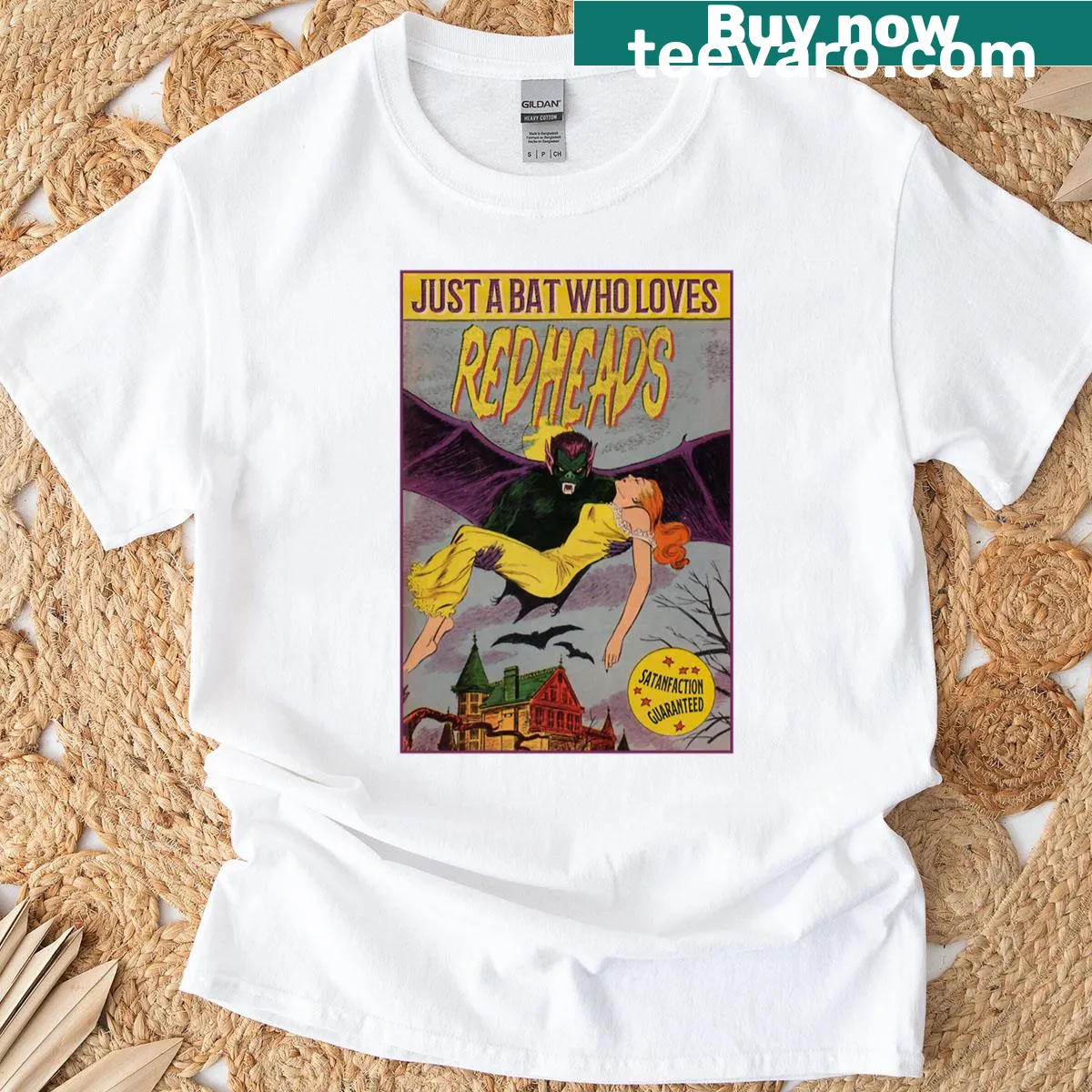 Vintage poster design featuring bats and a redhead character — on a men's t-shirt