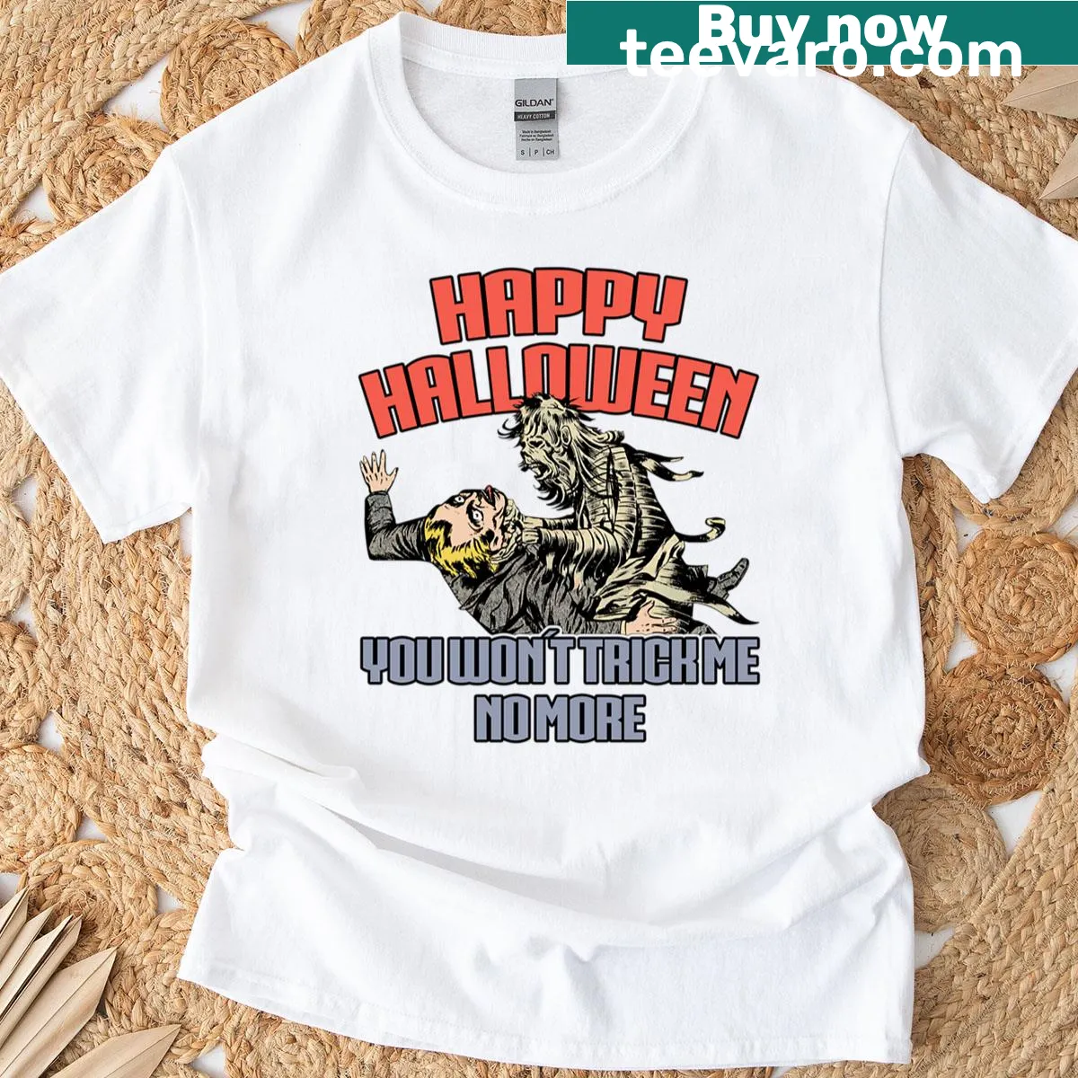 Vintage mummy graphic on a retro horror poster t-shirt — on a men's t-shirt