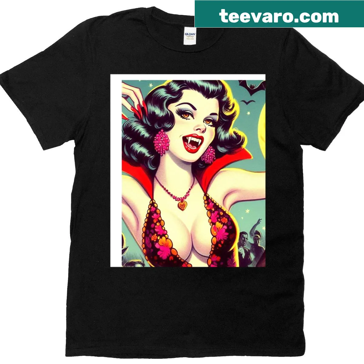 Vintage T-shirt featuring a whimsical vampire girl illustration — on a men's t-shirt
