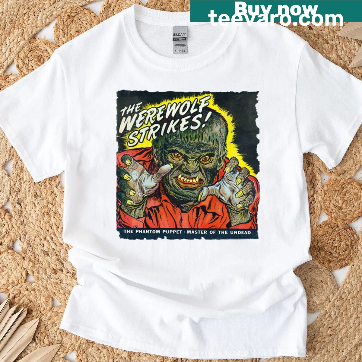 Vintage werewolf graphic t-shirt inspired by retro horror posters — on a men's t-shirt
