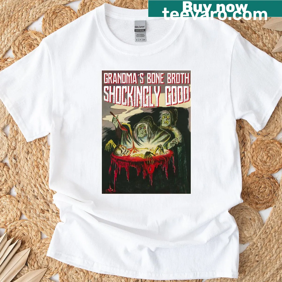 Vintage witch cooking bone broth graphic t-shirt — on a men's t-shirt