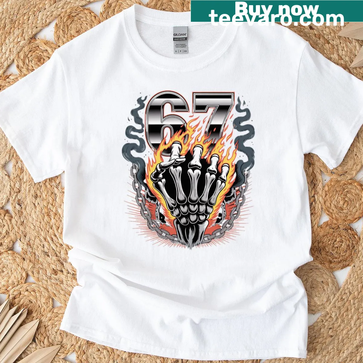 Skeleton hand meme graphic t-shirt with Halloween vibe — on a men's t-shirt