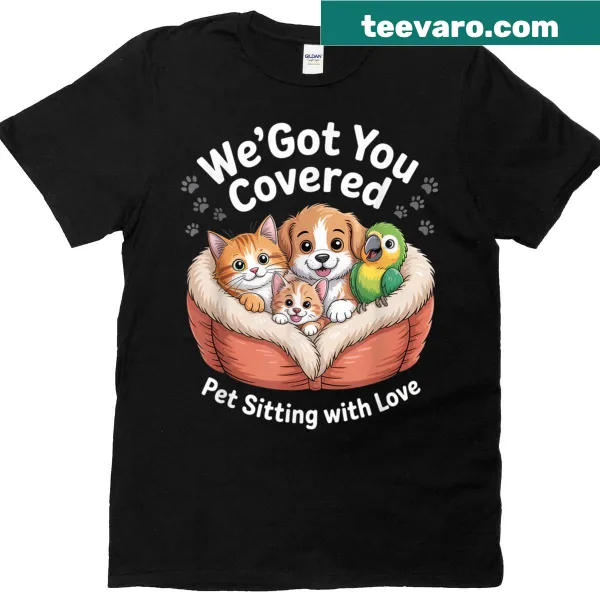 Cute pet sitting t-shirt with illustrations of a cat, dog, and parrot