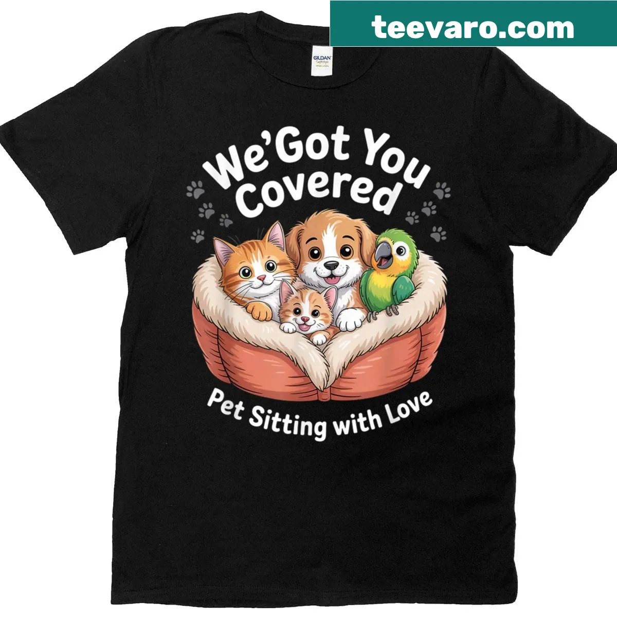 Cute pet sitting t-shirt with illustrations of a cat, dog, and parrot — on a men's t-shirt