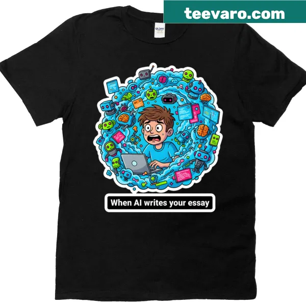 Funny T-shirt depicting chaotic AI writing essay meme