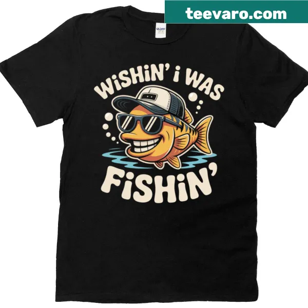 Cartoon fish t-shirt with sunglasses and hat, expressing a love for fishing