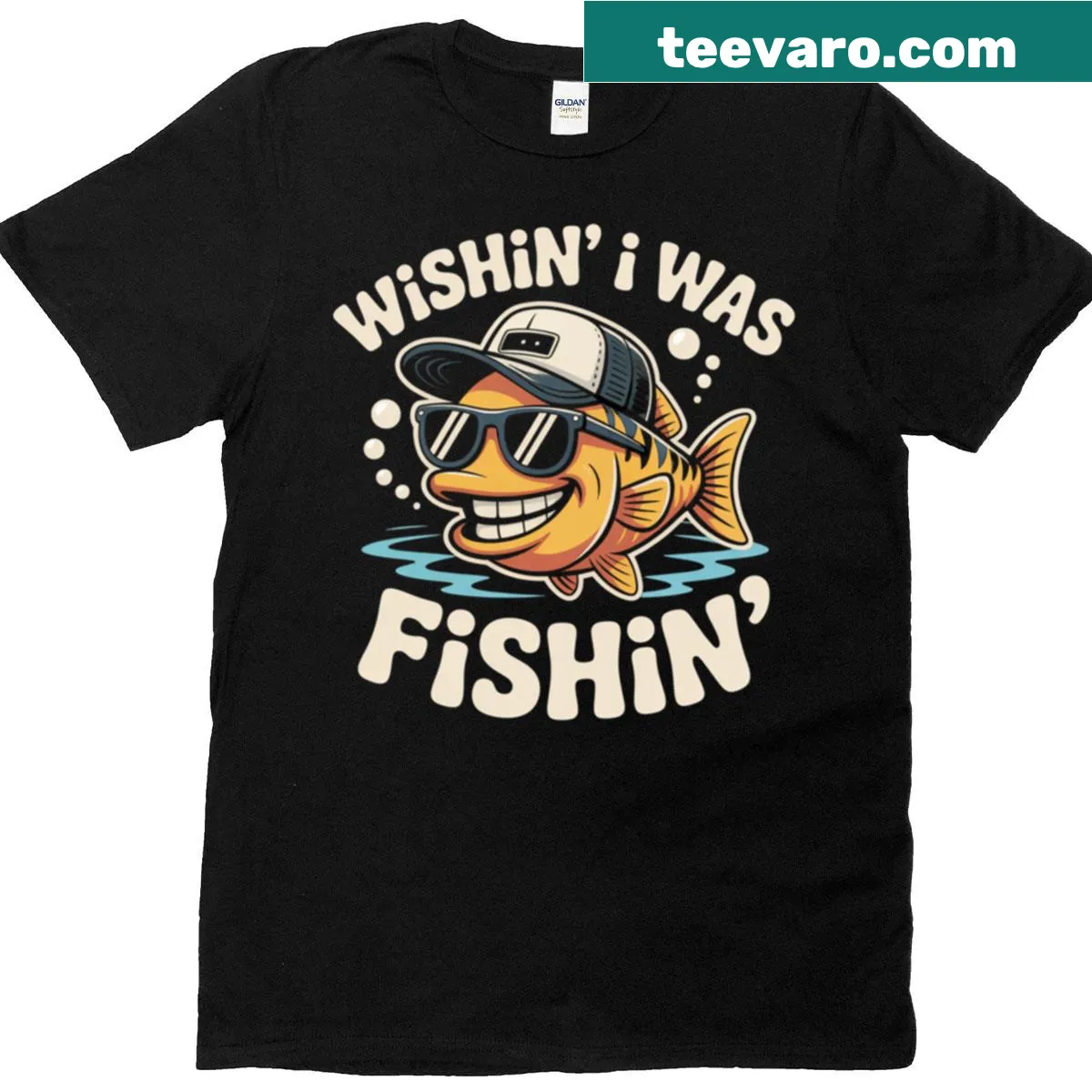 Cartoon fish t-shirt with sunglasses and hat, expressing a love for fishing — on a men's t-shirt