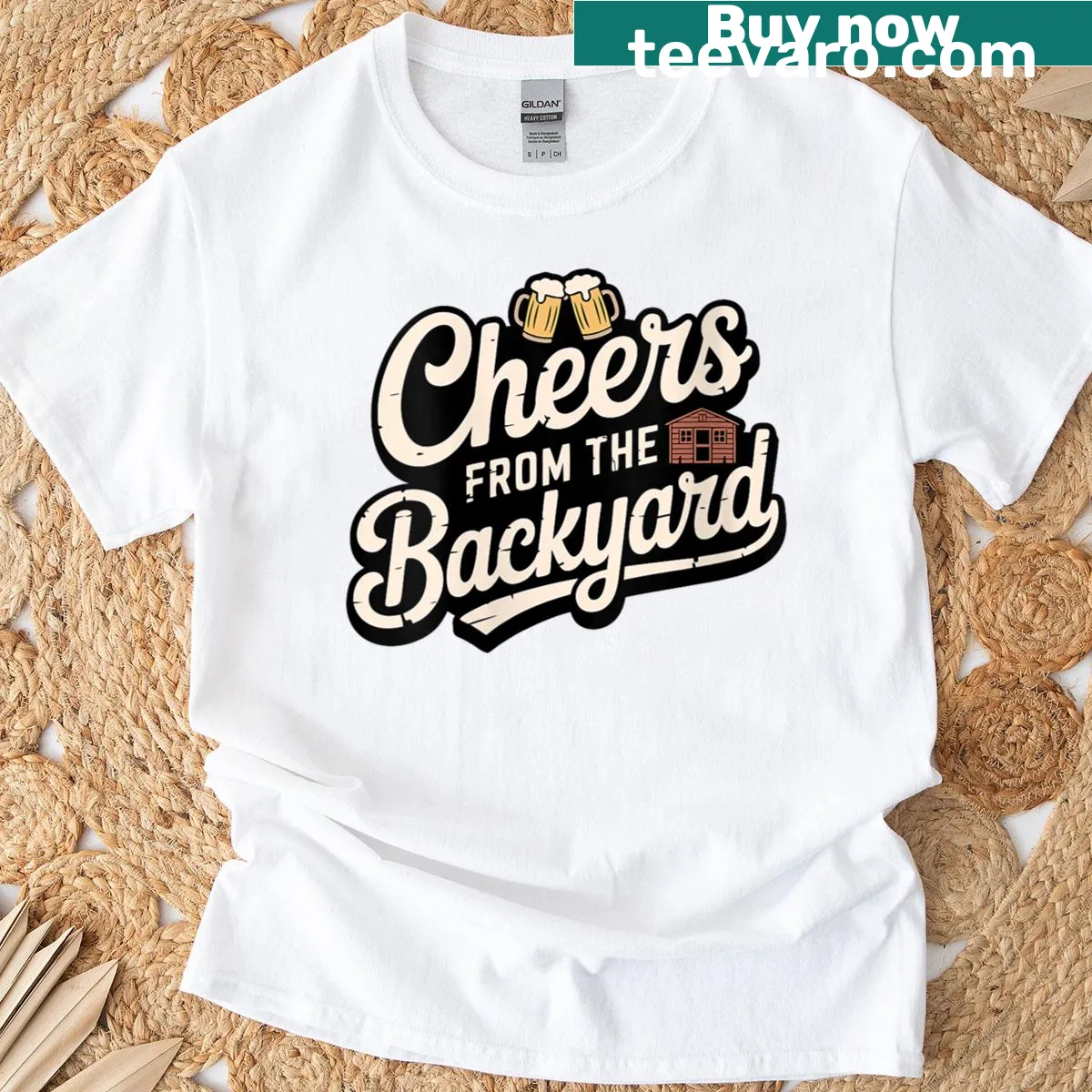Backyard shed bar owner t-shirt with garden pub emblem — on a men's t-shirt