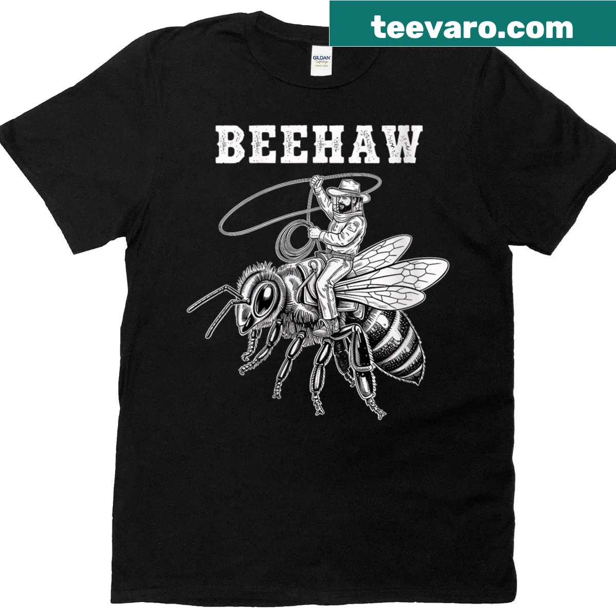 Funny T-shirt with cartoon beekeeper and honeybee graphic — on a men's t-shirt