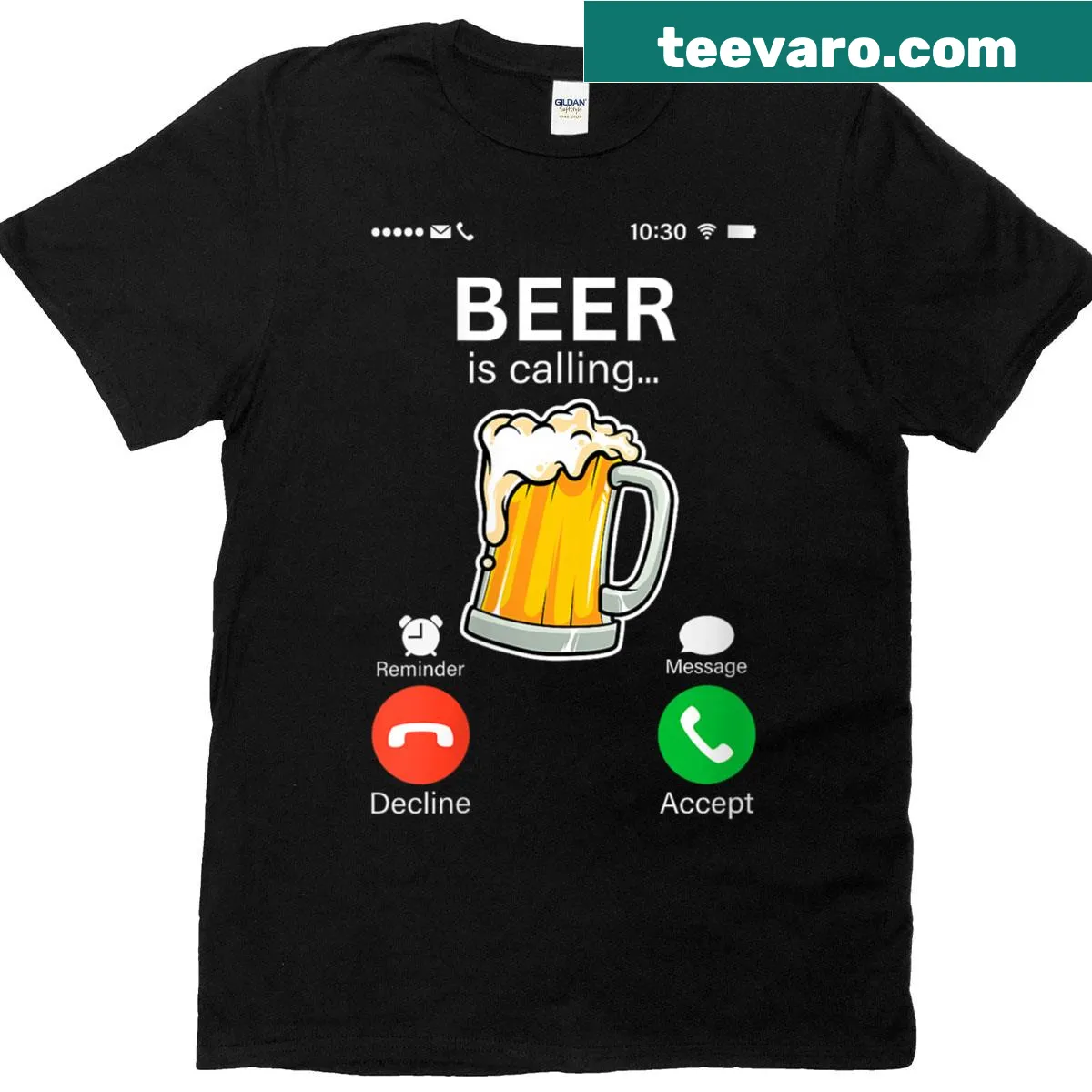 Funny T-shirt with a phone graphic saying 'Beer is calling' — on a men's t-shirt