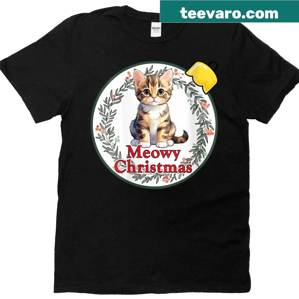 Cute brown tabby kitten inside a Christmas ornament illustration — on a men's t-shirt