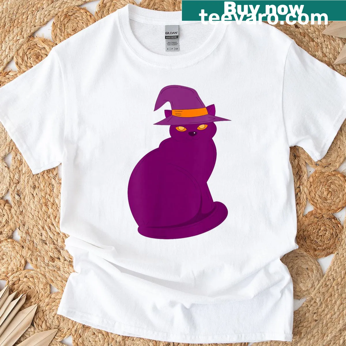 Cute witch with purple cat graphic on a Halloween-themed t-shirt — on a men's t-shirt