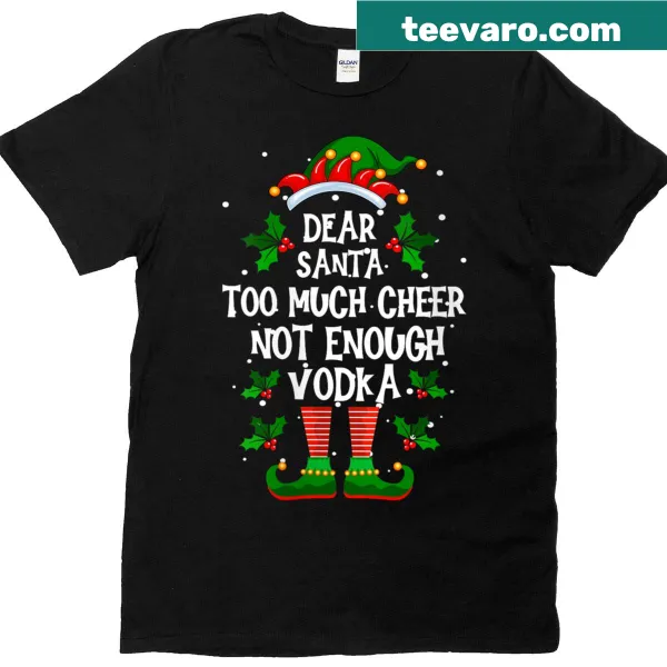 Funny Christmas T-shirt with the phrase about vodka and cheer.