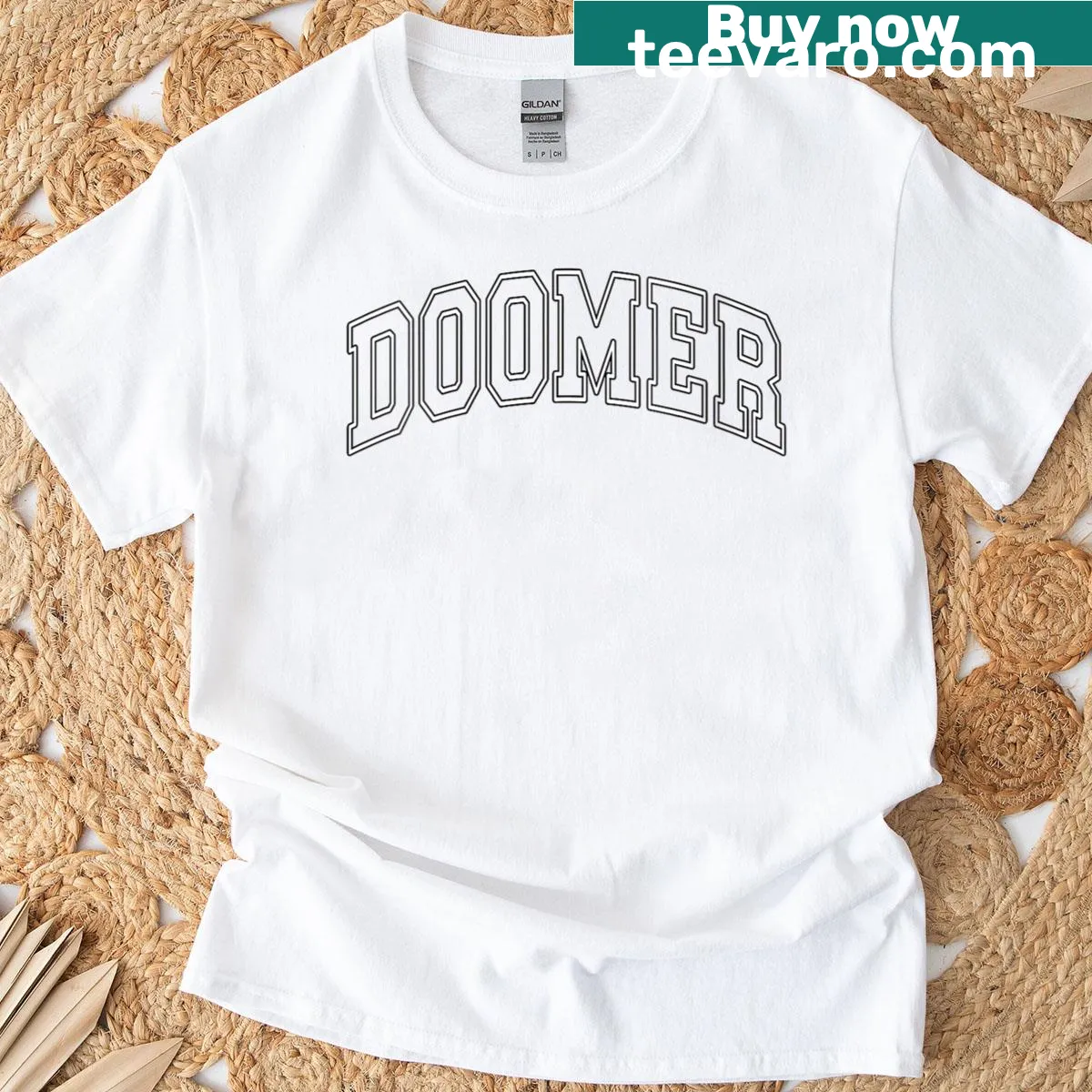 Doomer university varsity design T-shirt — on a men's t-shirt