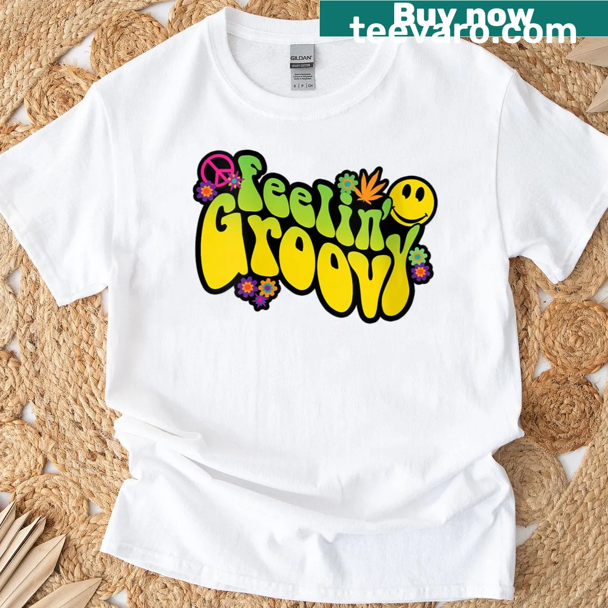 Retro 60s inspired T-shirt with 'Feelin Groovy' text — on a men's t-shirt