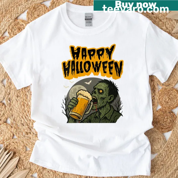 Funny Halloween T-shirt with beer and zombie design