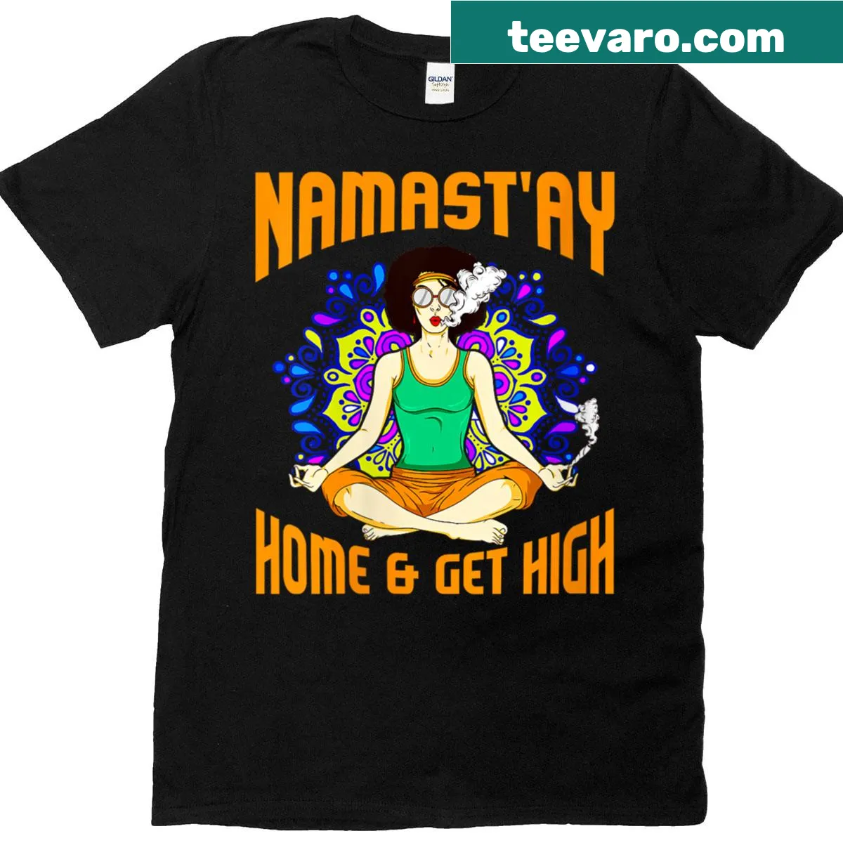 Funny yoga graphic T-shirt with cannabis theme — on a men's t-shirt