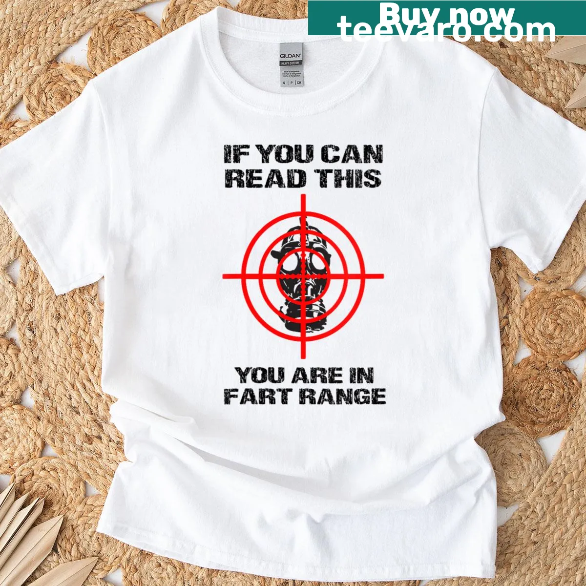 Funny novelty t-shirt with 'If You Can Read This You’re In Fart Range' text — on a men's t-shirt