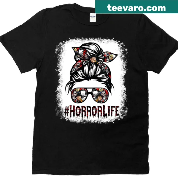 Vintage-style t-shirt with 'Messy Bun Horror Life' text for horror movie moms