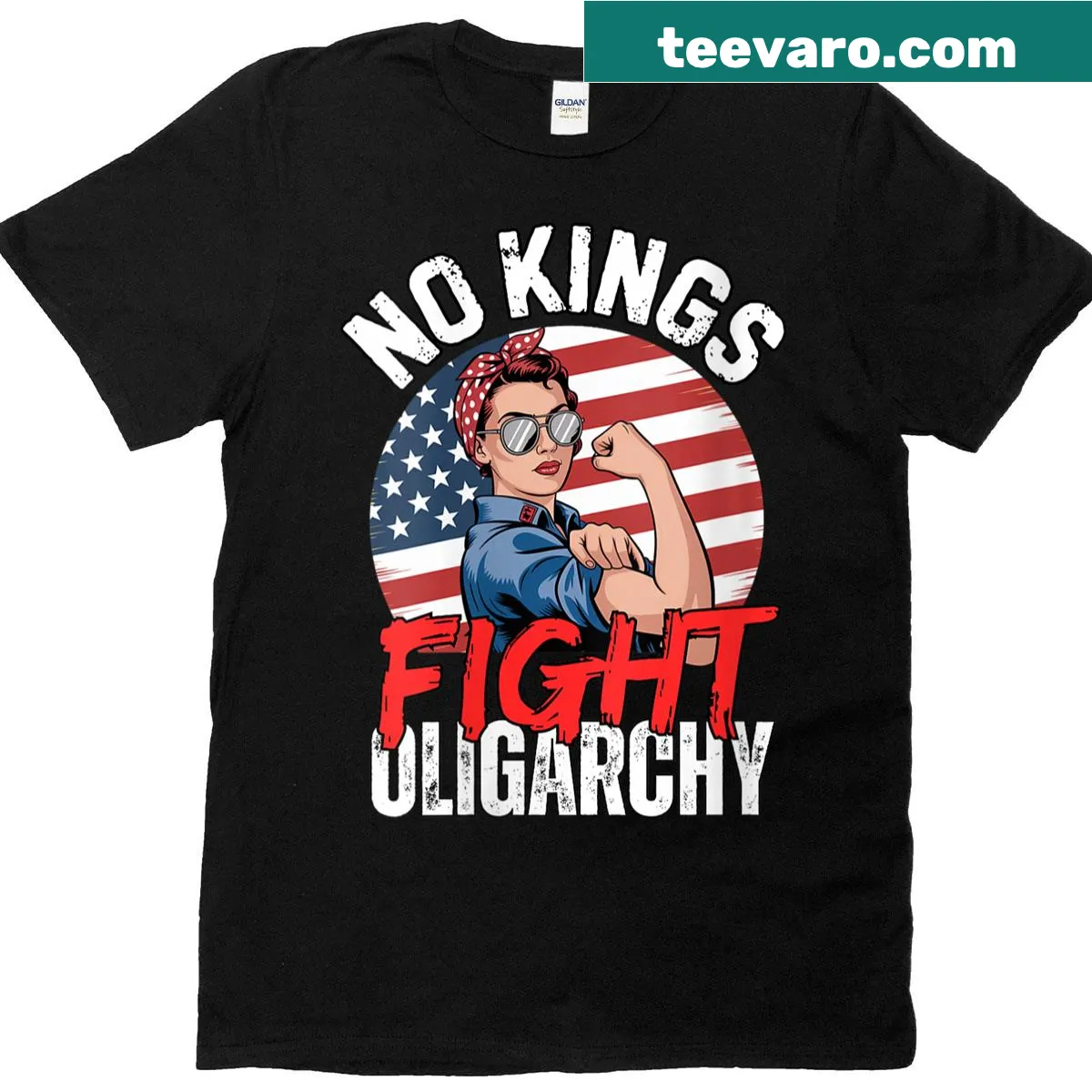 Typographic T-shirt promoting anti-oligarchy message for women — on a men's t-shirt