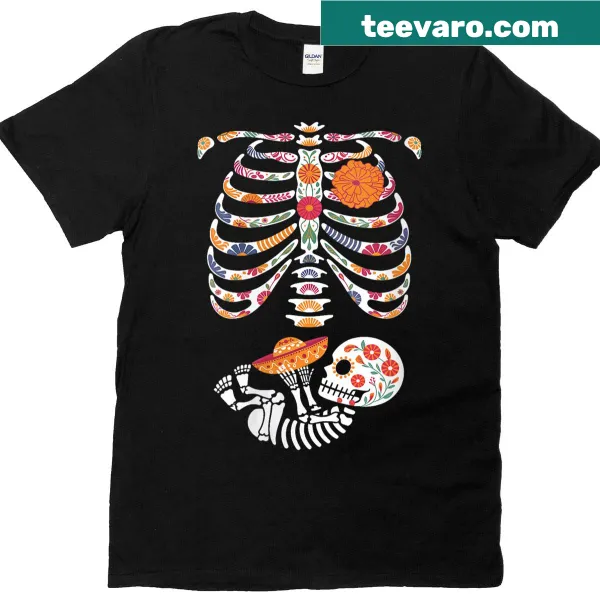 Day of the Dead T-shirt featuring a skeleton with a pregnant belly