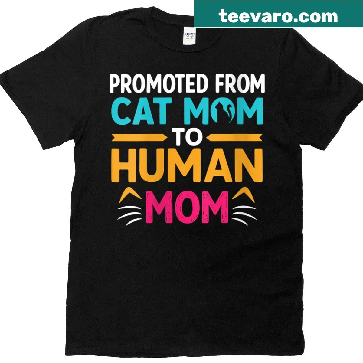 T-shirt with the quote Promoted from Cat Mom to Human Mom — on a men's t-shirt
