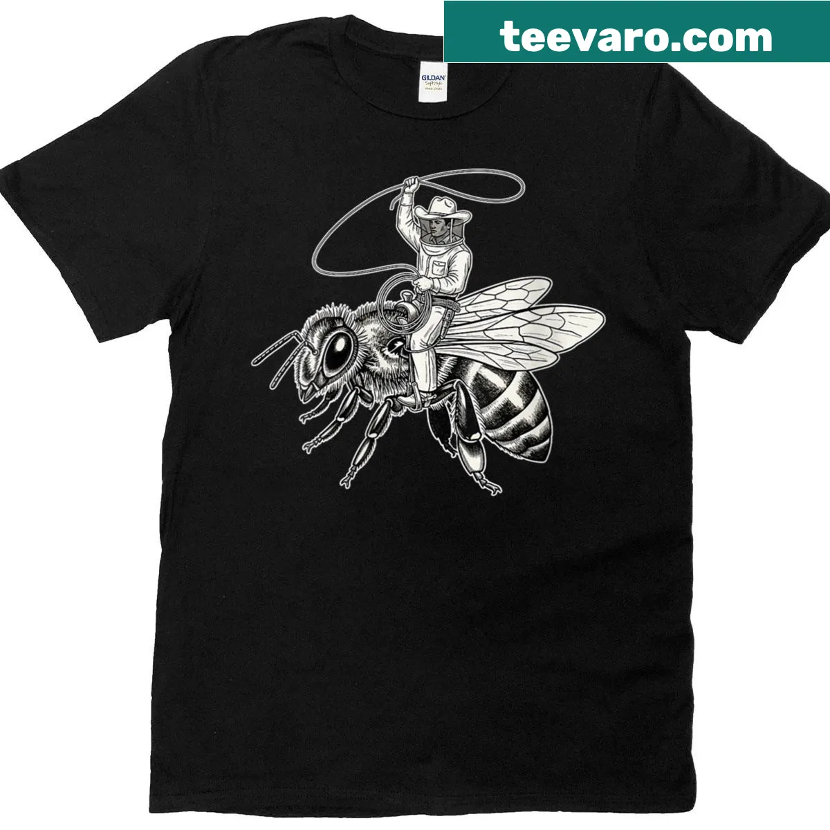 Whimsical beekeeper and bee illustration on a women's t-shirt — on a men's t-shirt