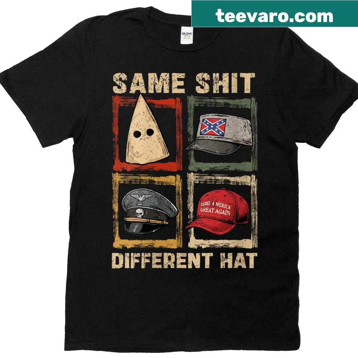 Funny 'Same Shit Different Hat' graphic T-shirt — on a men's t-shirt