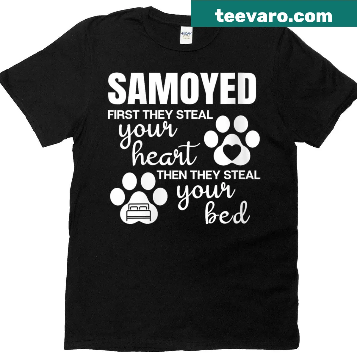 Funny dog-themed t-shirt with Samoyed quote and paw print design — on a men's t-shirt