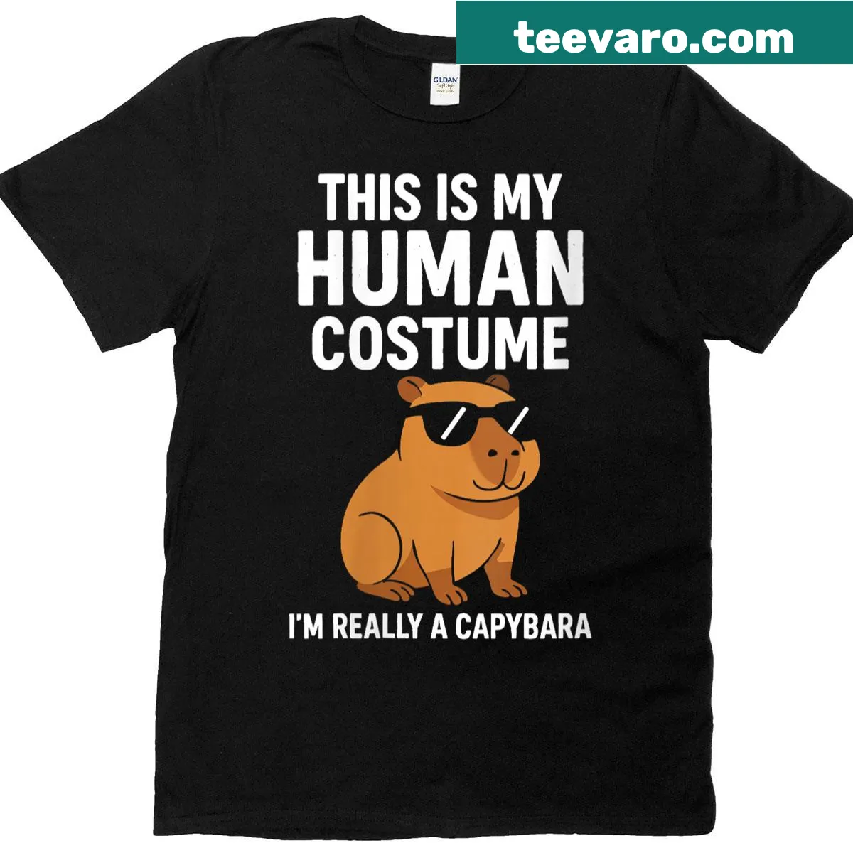 Funny capybara human costume Halloween t-shirt — on a men's t-shirt