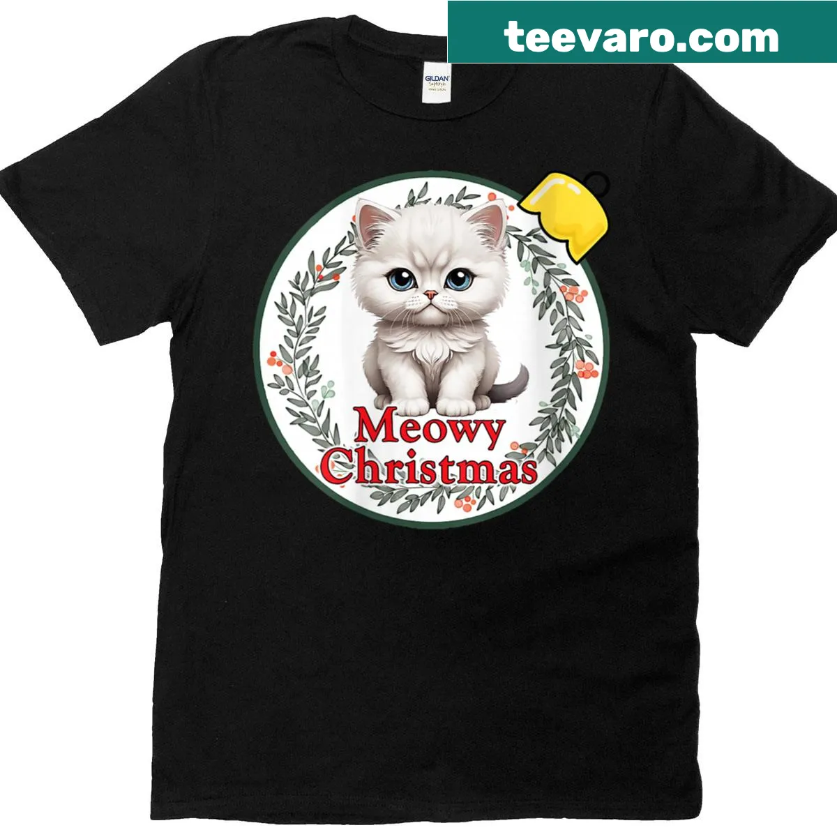 Cute Christmas ornament T-shirt featuring a kitten illustration — on a men's t-shirt