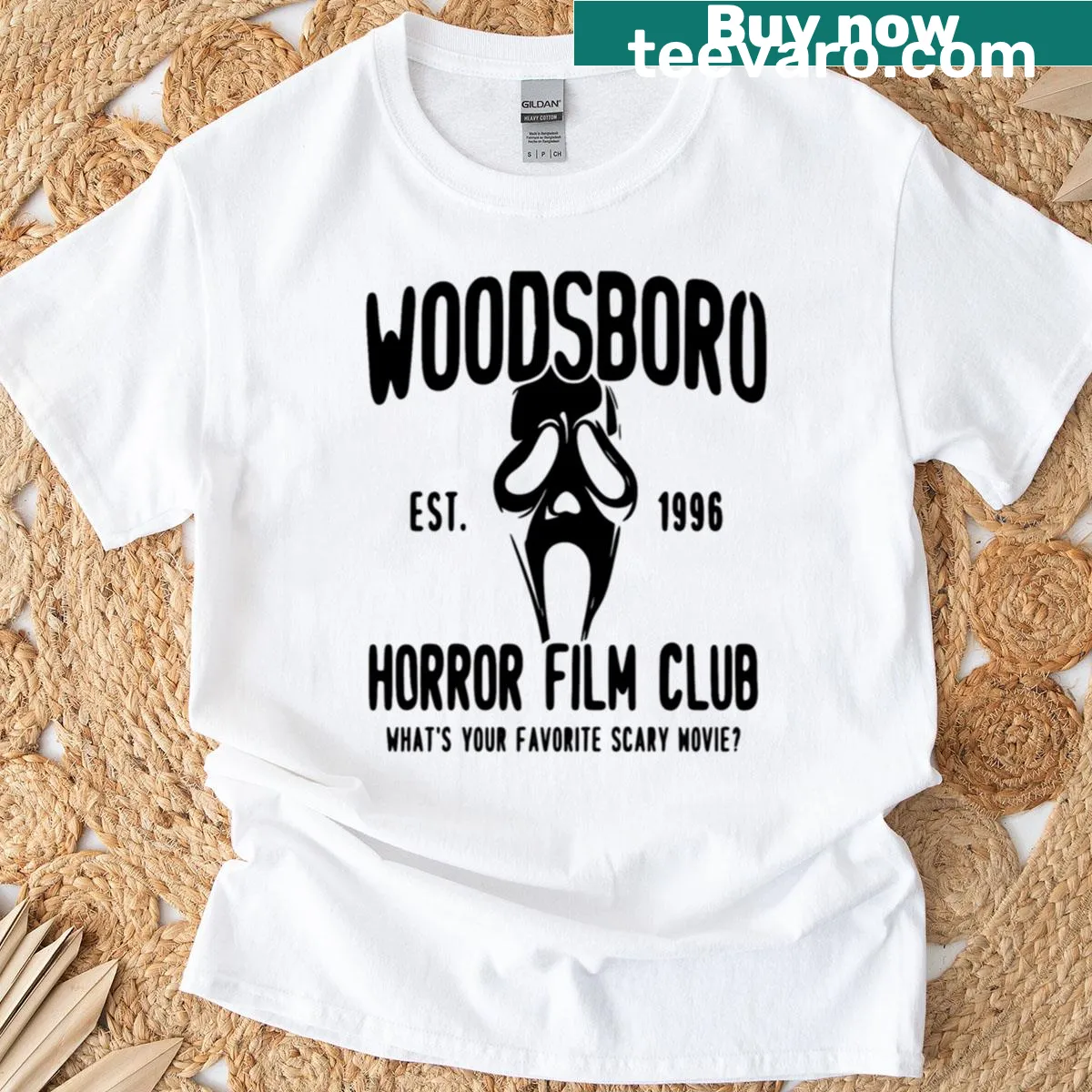 T-shirt featuring Woodsboro Horror Club graphic — on a men's t-shirt