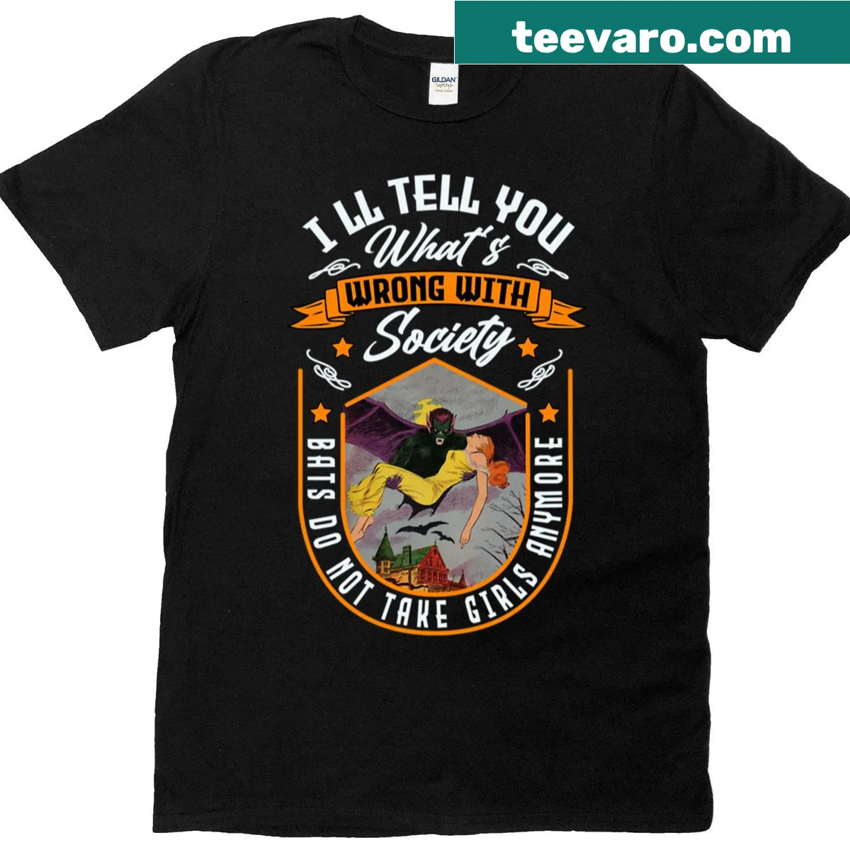 Vintage horror-themed T-shirt with bat graphic — on a men's t-shirt