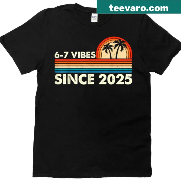 Trendy retro t-shirt featuring a humorous '6 7' meme design