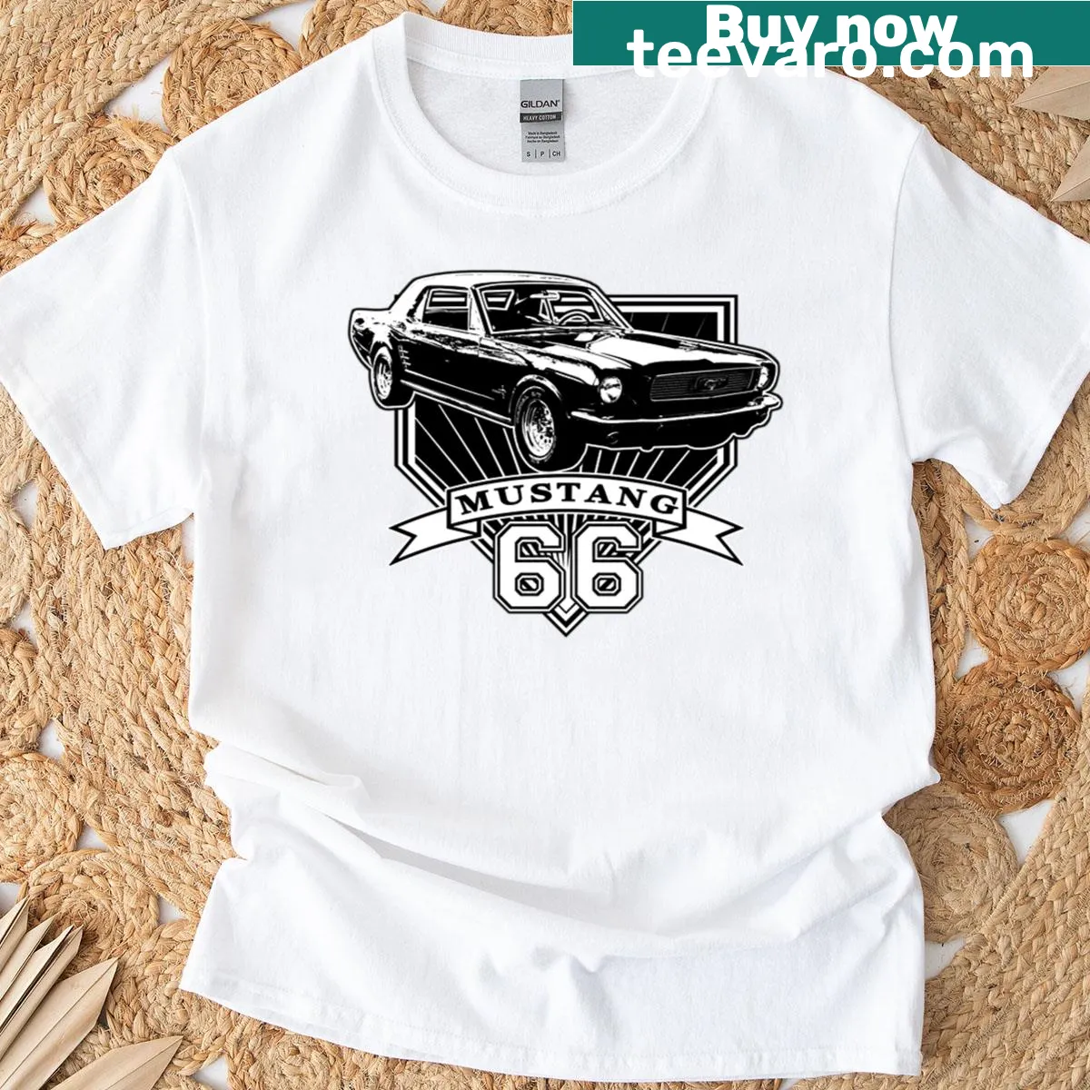 Vintage T-shirt featuring a '66 Mustang Coupe illustration — on a men's t-shirt