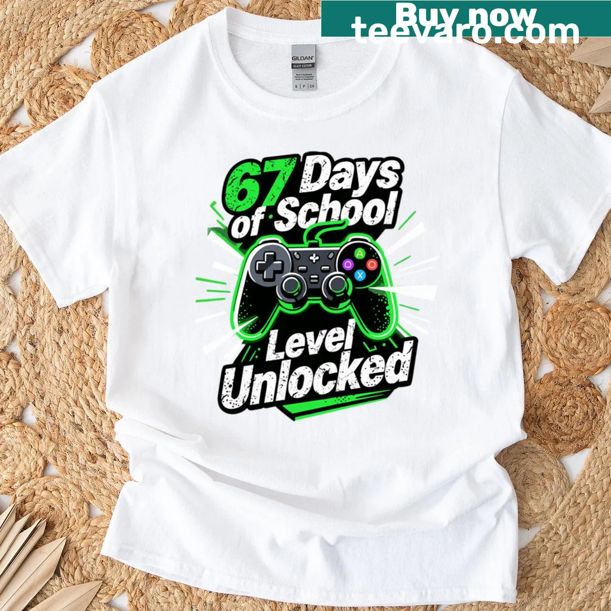 Retro design celebrating 67 days of school with gaming theme — on a men's t-shirt