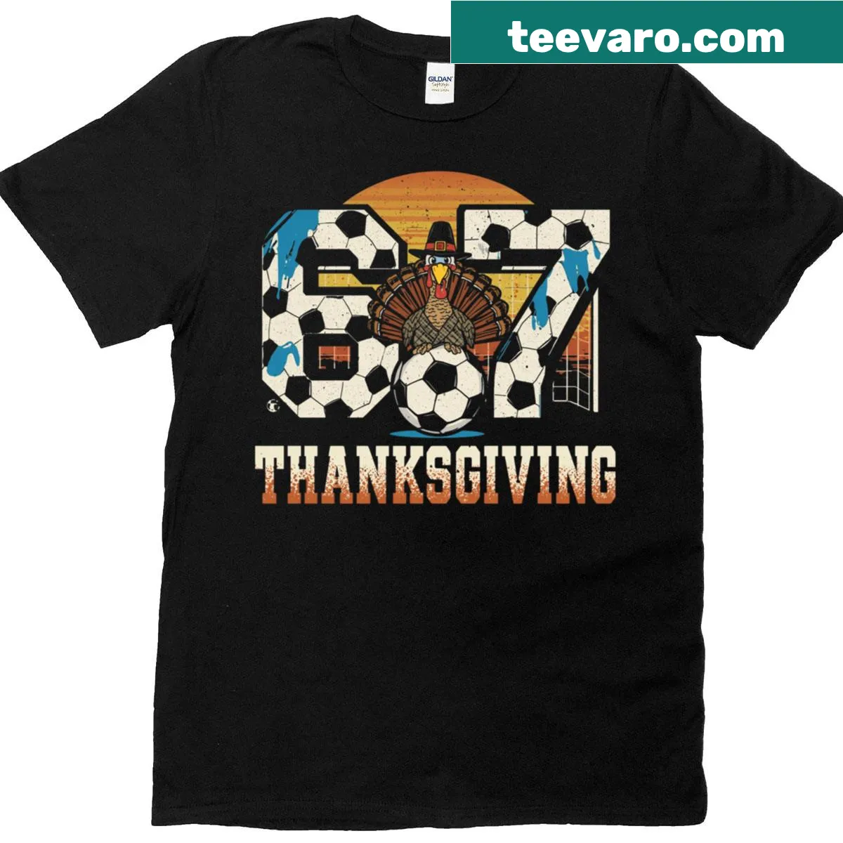 Funny Thanksgiving t-shirt with a turkey playing soccer for kids — on a men's t-shirt