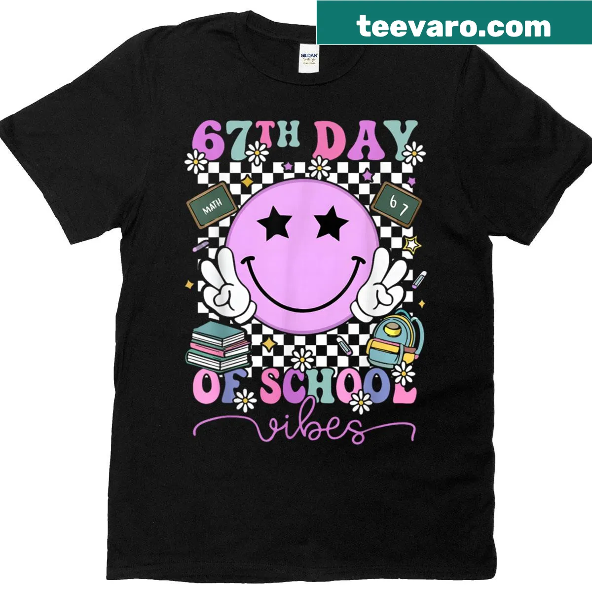 Smiley face with '67 Days Smarter' text for school vibes. — on a men's t-shirt
