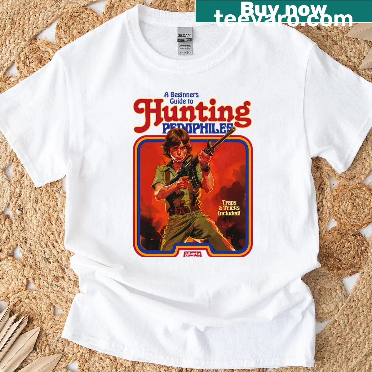 Text design featuring a guide to hunting predators — on a men's t-shirt